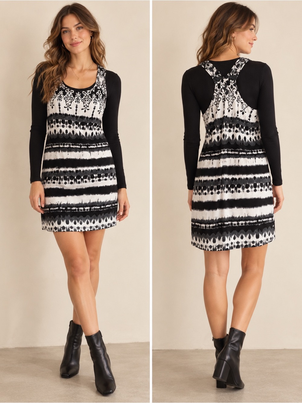 Dotti Black White Tie Dye Ethic Pattern Racerback Dress Coverup Size Med